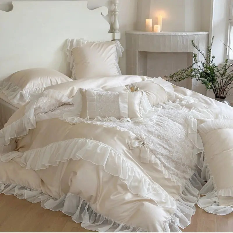 Afralia™ French Lace Ruffles Flowers Bedding Set: Duvet Cover, Sheet Set, Pillowcases