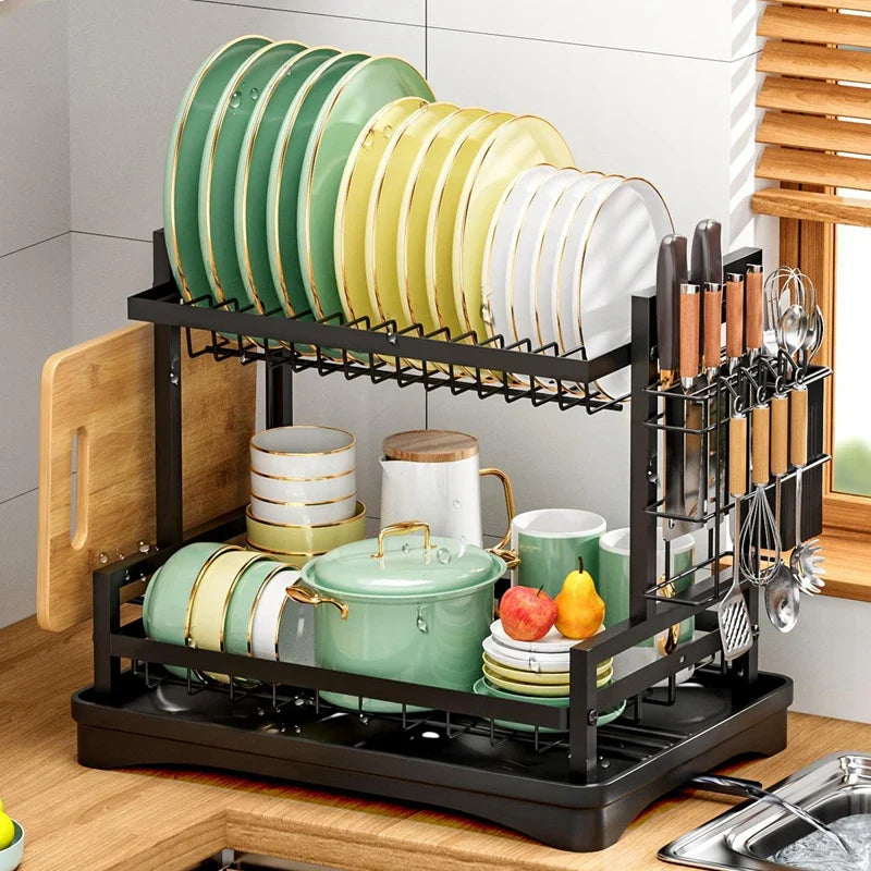Afralia™ 2 Tier Kitchen Storage & Drying Rack - Countertop Organizer for Dinnerware & Utensils