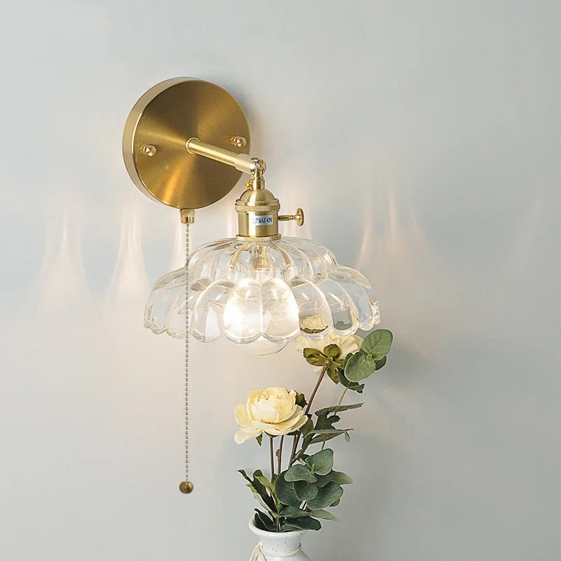 Afralia™ Nordic LED Wall Lights Pull Chain Clear Glass Rotate Copper Bedside Lamp