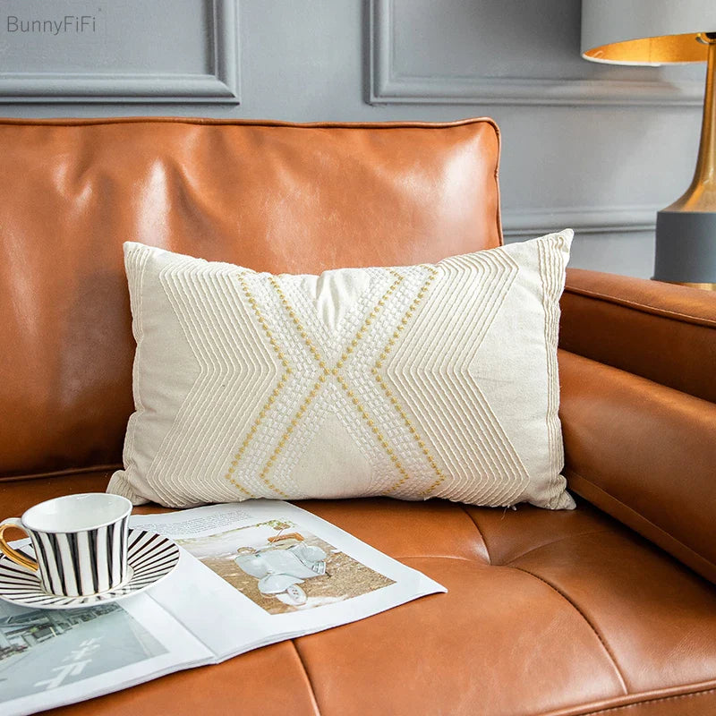 Afralia™ Geometric Ivory Vintage Cushion Embroidery Cover - Home Decor for Living Room