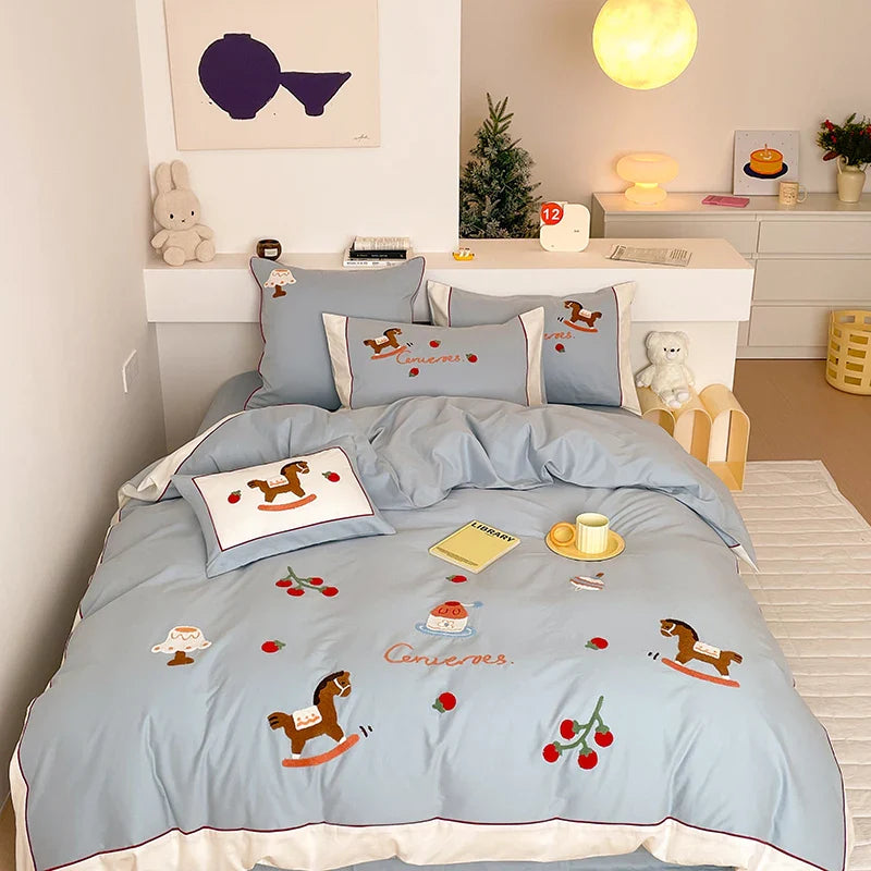 Afralia™ Lucky Trojan Cotton Embroidered Bedding Set: High-end Skin-Friendly Duvet Cover Set