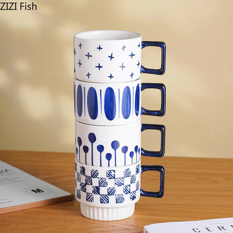 Afralia™ Porcelain Stacking Cup Set - Creative Painted Pattern Tea & Coffee Mug