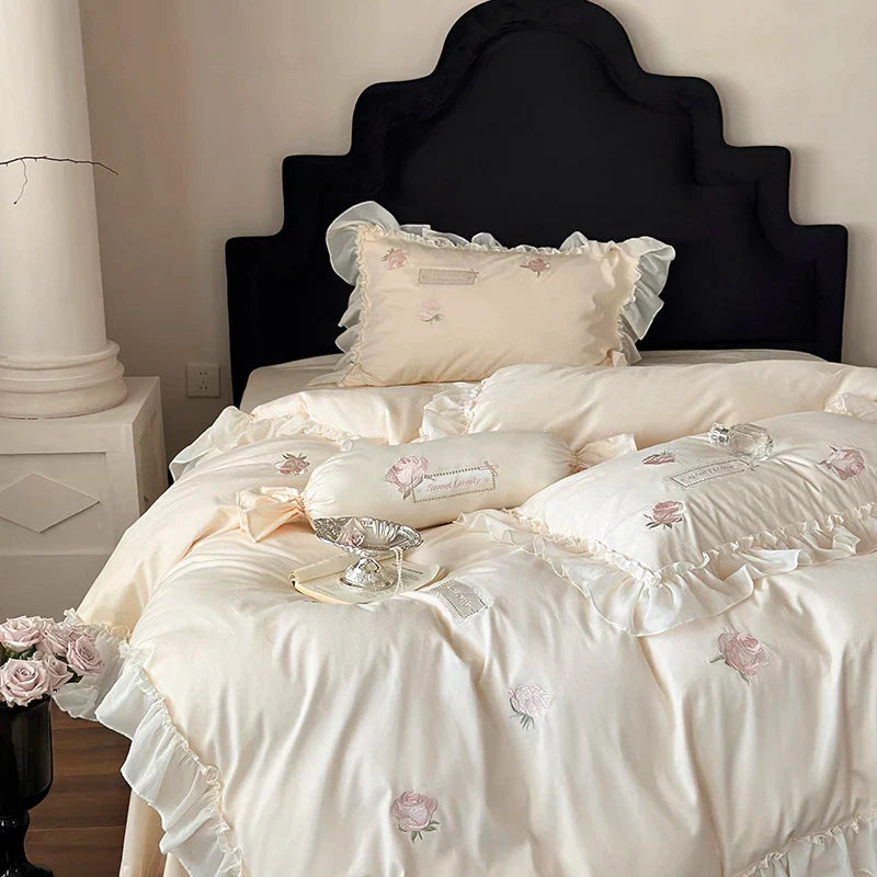 Afralia™ Rose Flowers Embroidery Lace Ruffles Cotton Brushed Bedding Set