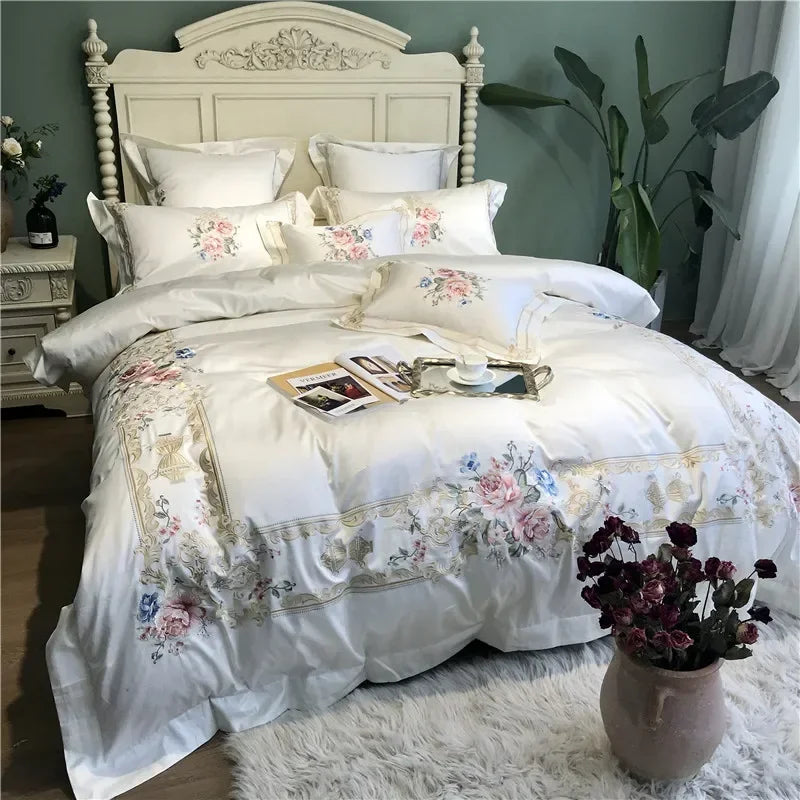 Afralia™ Egyptian Cotton White Embroidery Bedding Set - Queen/King Size - 1000TC Linens