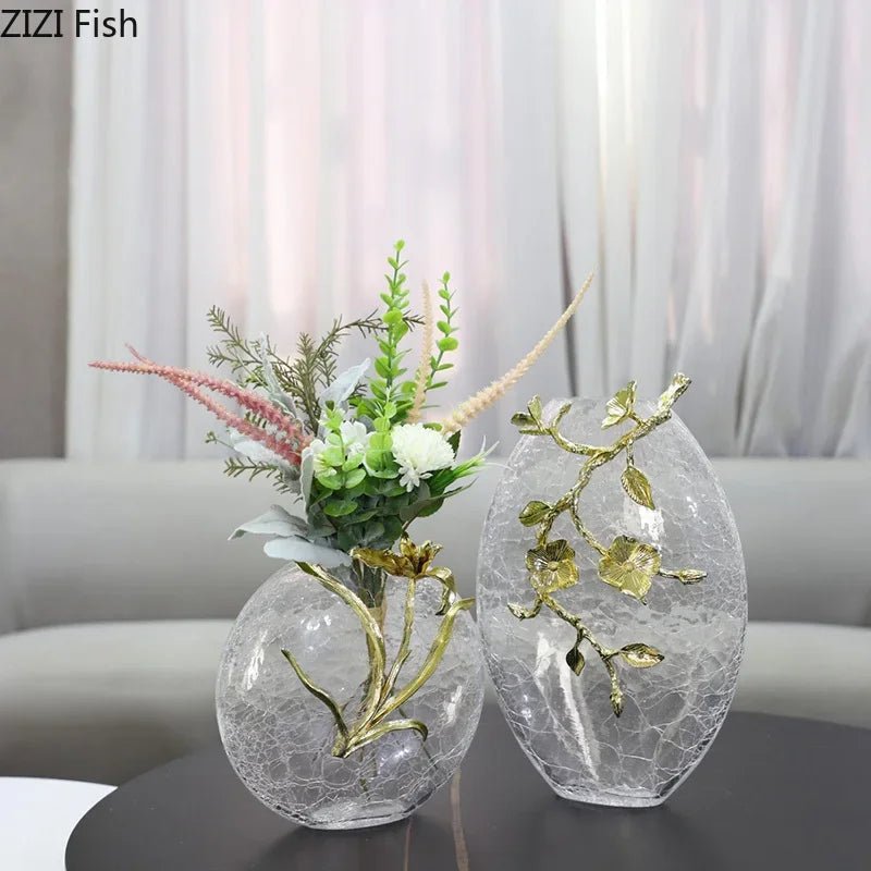 Afralia™ Golden Flower Glass Vase Desk Decoration, Aesthetic Floral Vases, Room Decor