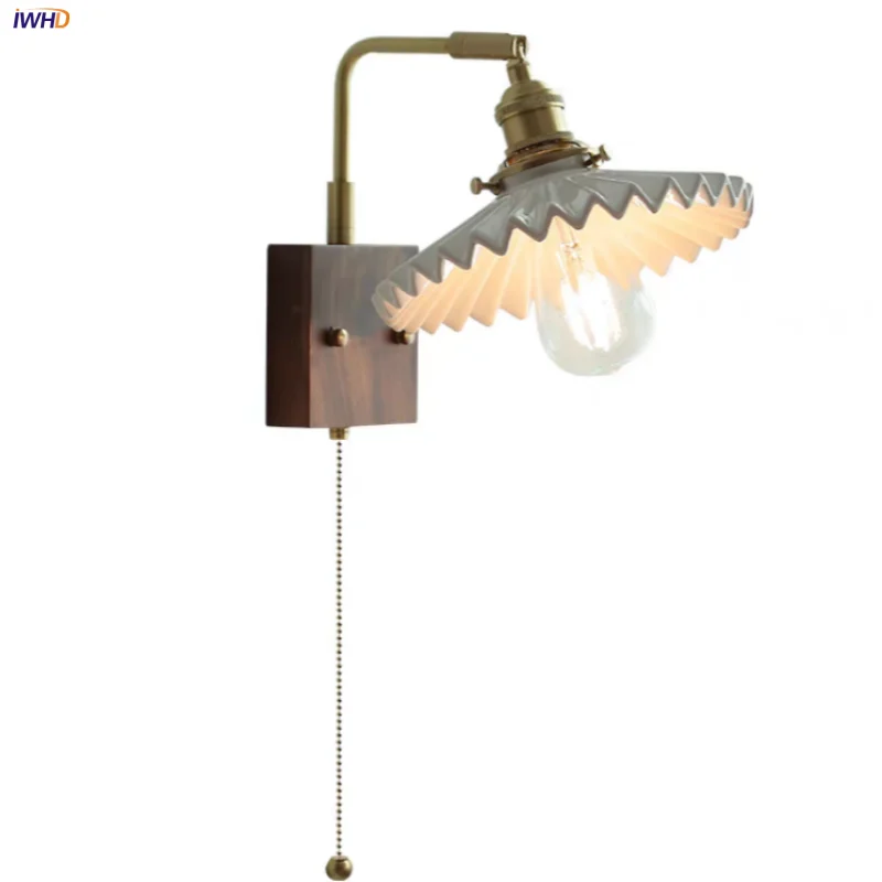 Afralia™ Nordic LED Walnut Wood Wall Lamp with Rotating Ceramic Copper Pull Chain Switch
