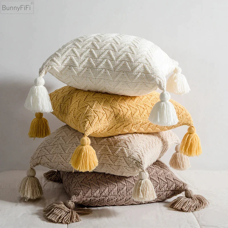Afralia™ Soft Knit Tassel Pillow Cover 45x45cm Solid Pink Grey Cream for Home Decoration