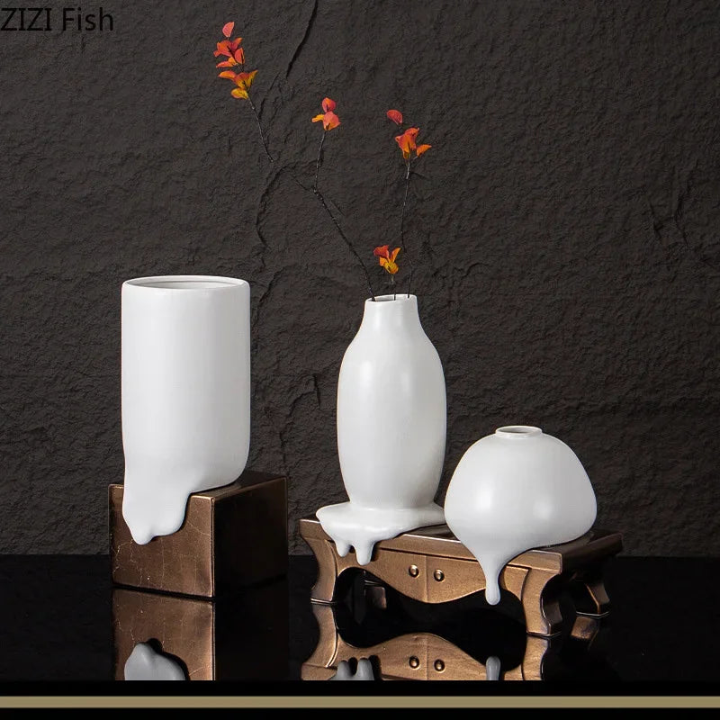 Afralia™ Ceramic Liquid Vase White Room Decor Desk Flower Arrangement Aesthetic