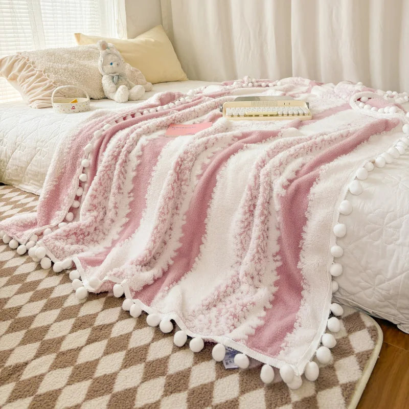 Afralia™ Jacquard Fluffy Ball Lace Blanket | Double Sided Fluff Warm Sofa Cover