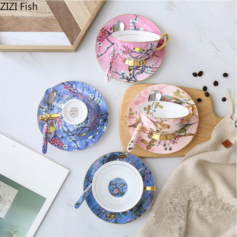 Afralia™ Cartoon Bird Pattern Ceramic Cup & Saucer Set for Dining Table and Coffee Mug