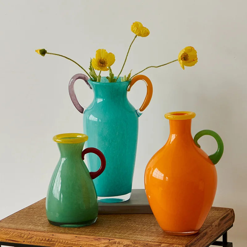 Afralia™ Vintage Binaural Handle Stained Glass Vase for Home Decor and Floral Arrangements