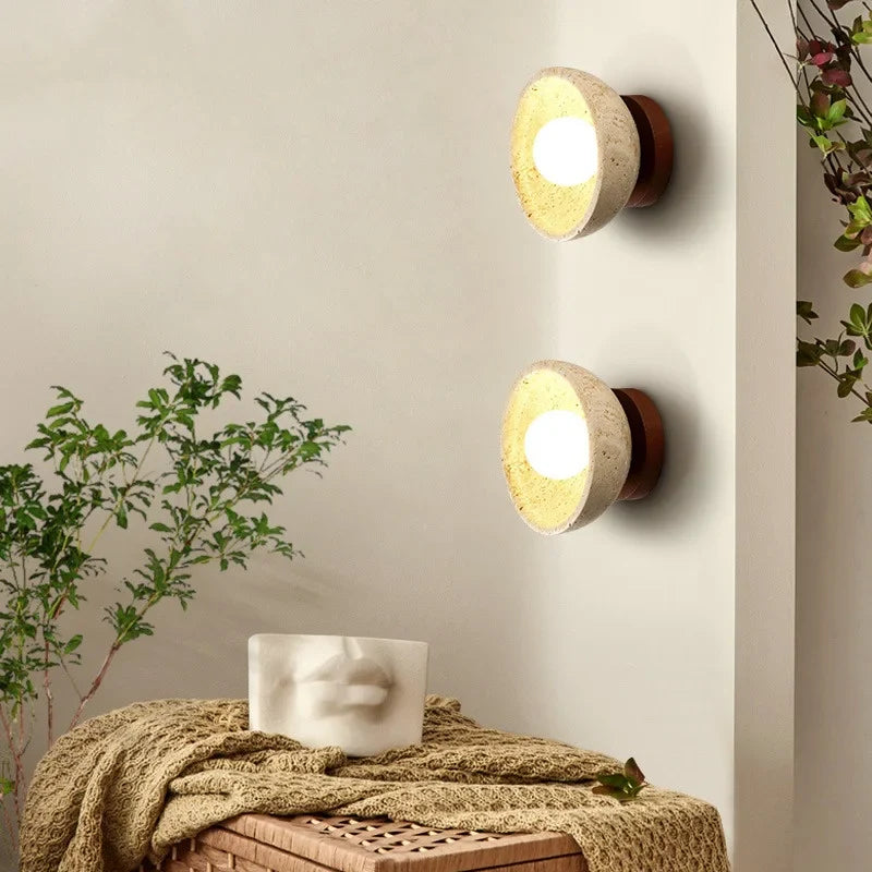 Afralia™ LED Wall Light Travertine Base Modern Nordic Pull Chain Bedside Lamp