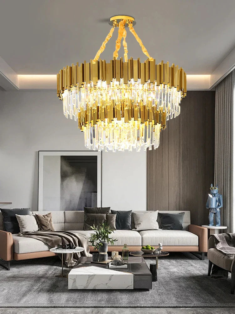 Afralia™ Crystal Chandelier Stainless Steel K9 Cristal Suspension Lamps Classic Gold Luxury