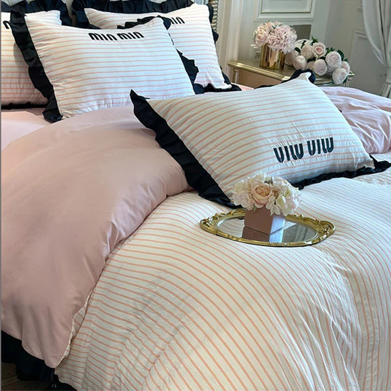 Afralia™ Ruffles Striped Bedding Set for Full Bed - Double-sided Skin-friendly Summer Linens
