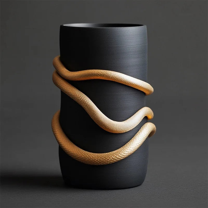 Afralia™ Black Snake Pattern Vase with Gold Accents