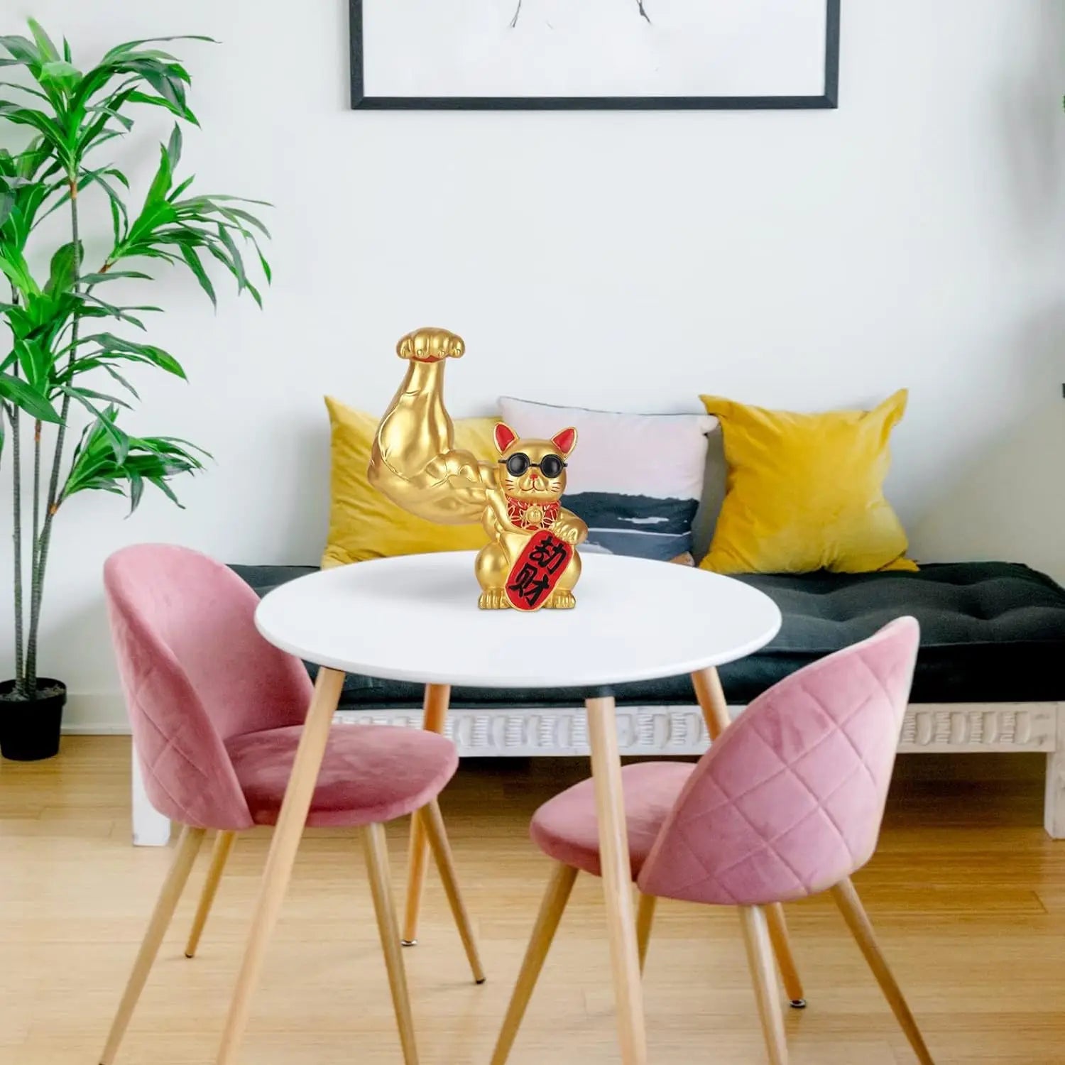 Afralia™ Large Muscle Arm Fortune Cat Resin Sculpture Home Decor Statue