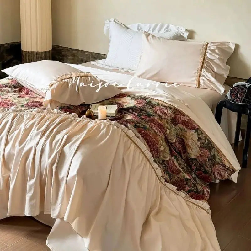 Afralia™ 100S Cotton Vintage Jacquard Lace Ruffles Print Bedding Set