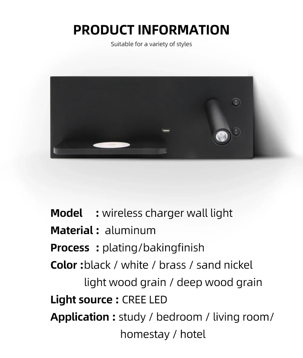 Afralia™ Wireless Charger Wall Lamp with Shelf for Bedside Table Reading