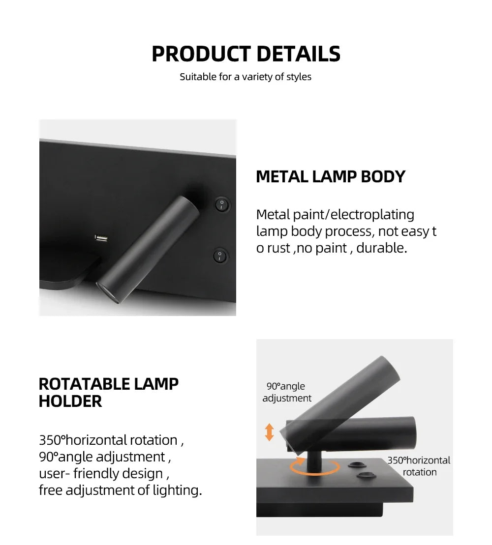 Afralia™ Wireless Charger Wall Lamp with Shelf for Bedside Table Reading