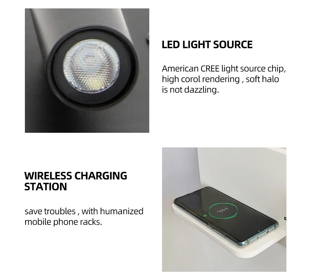 Afralia™ Wireless Charger Wall Lamp with Shelf for Bedside Table Reading