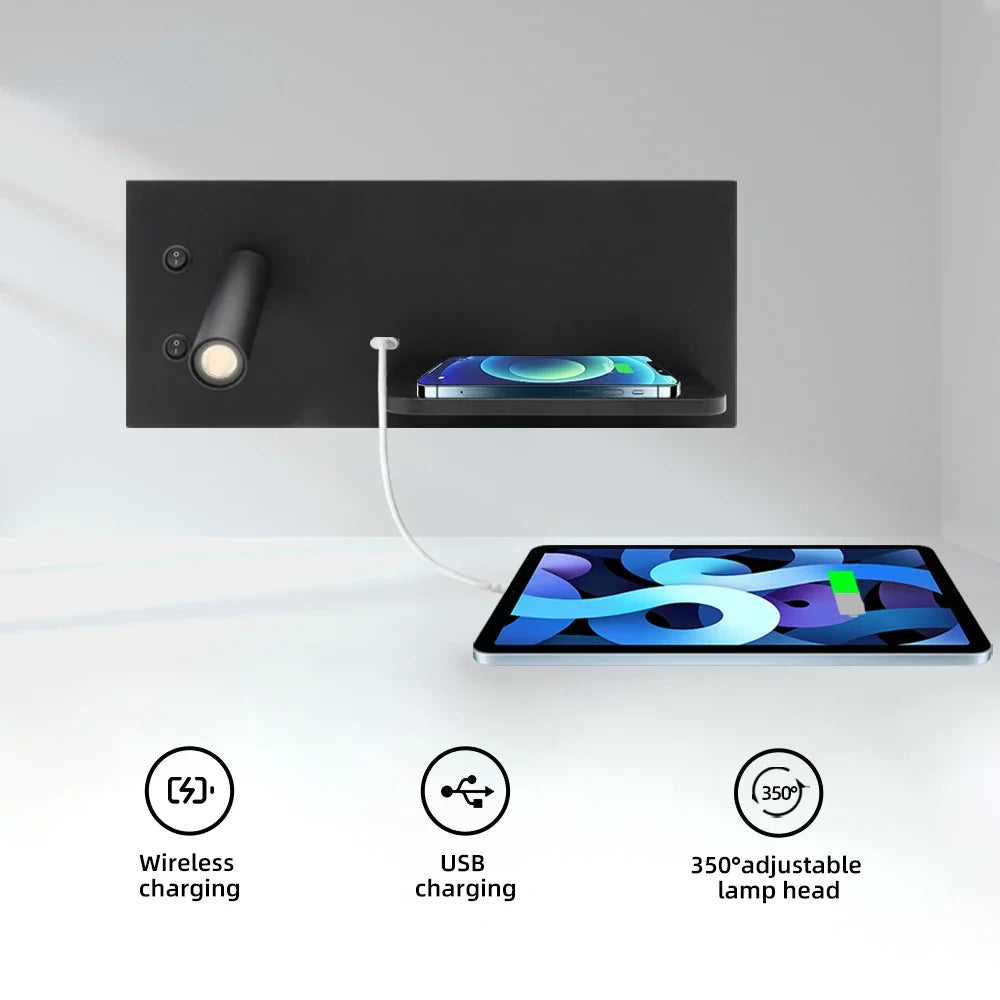 Afralia™ Wireless Charger Wall Lamp with Shelf for Bedside Table Reading