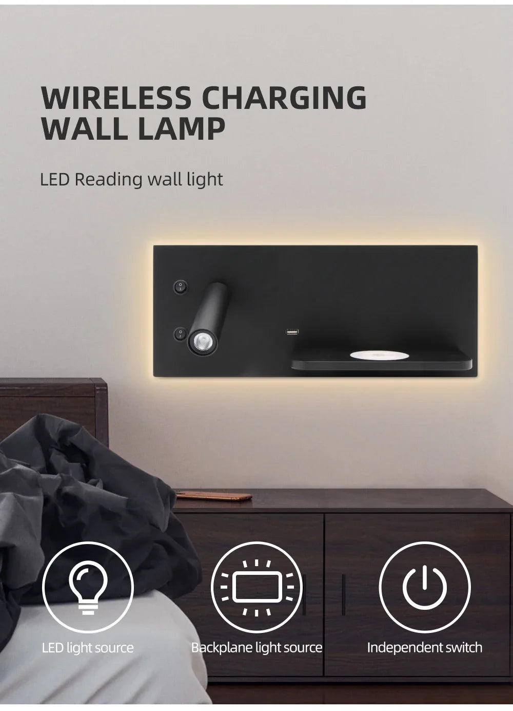 Afralia™ Wireless Charger Wall Lamp with Shelf for Bedside Table Reading