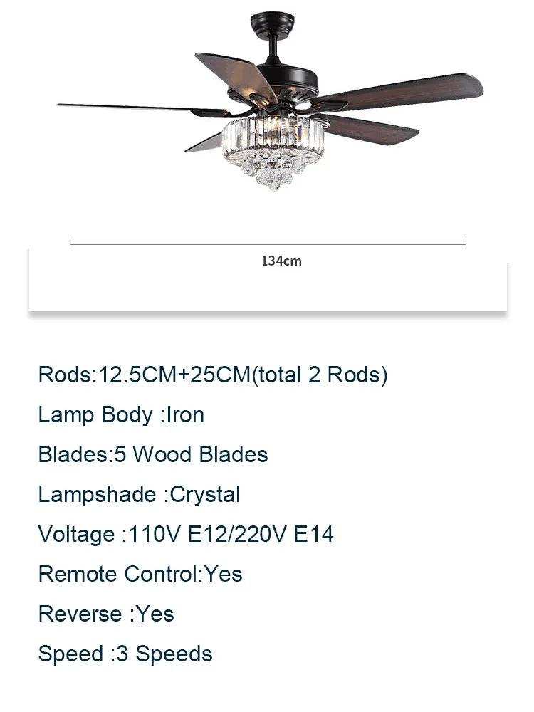 Afralia™ Crystal Ceiling Fan with Light & Remote Control, 52 Inch Luxury Design