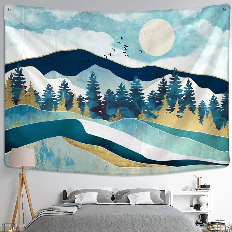 Afralia™ Geometric Peak Forest Tapestry Wall Hanging Boho Aesthetic Room Decor