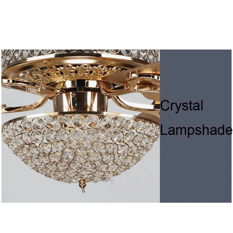 Afralia™ Retro European Style Living Room Fan Lamp, Luxury Gold Crystal LED Ceiling Fan