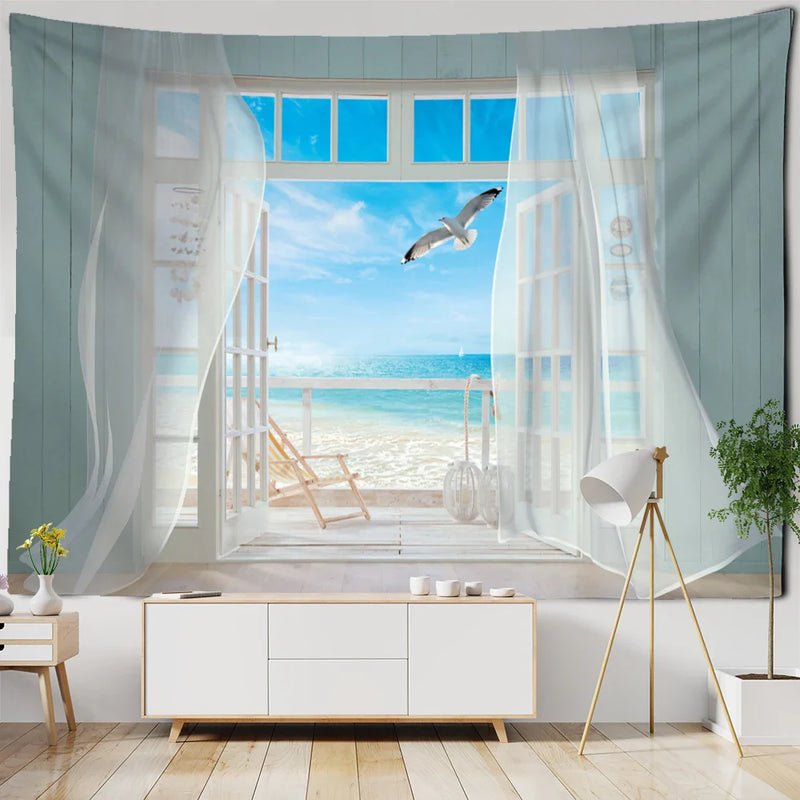 Afralia™ Seaside Landscape Painting Tapestry Wall Hanging for Bohemian Living Room
