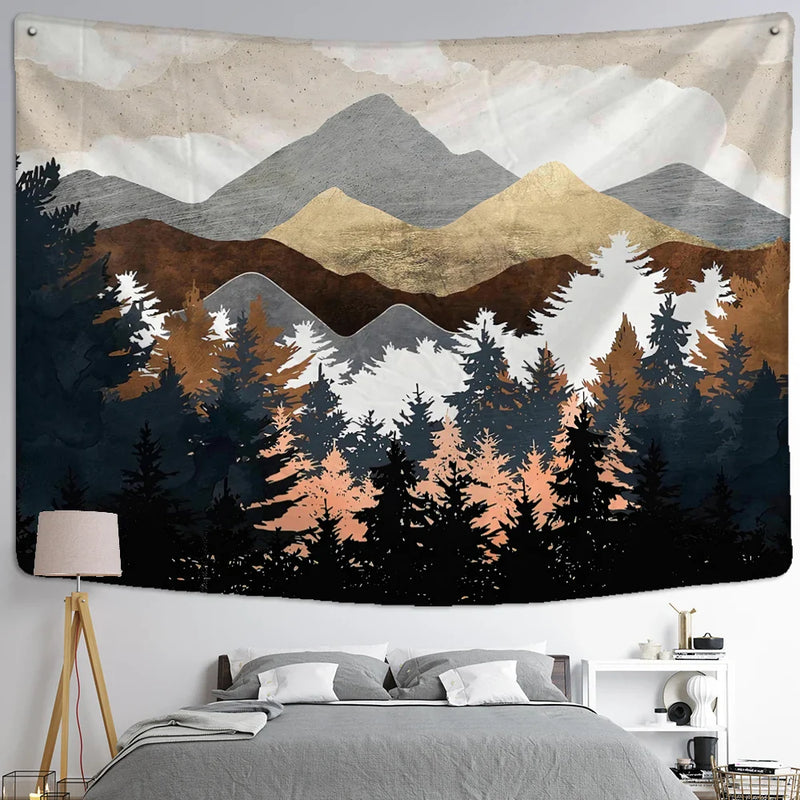 Afralia™ Geometric Peak Forest Tapestry Wall Hanging Boho Aesthetic Room Decor