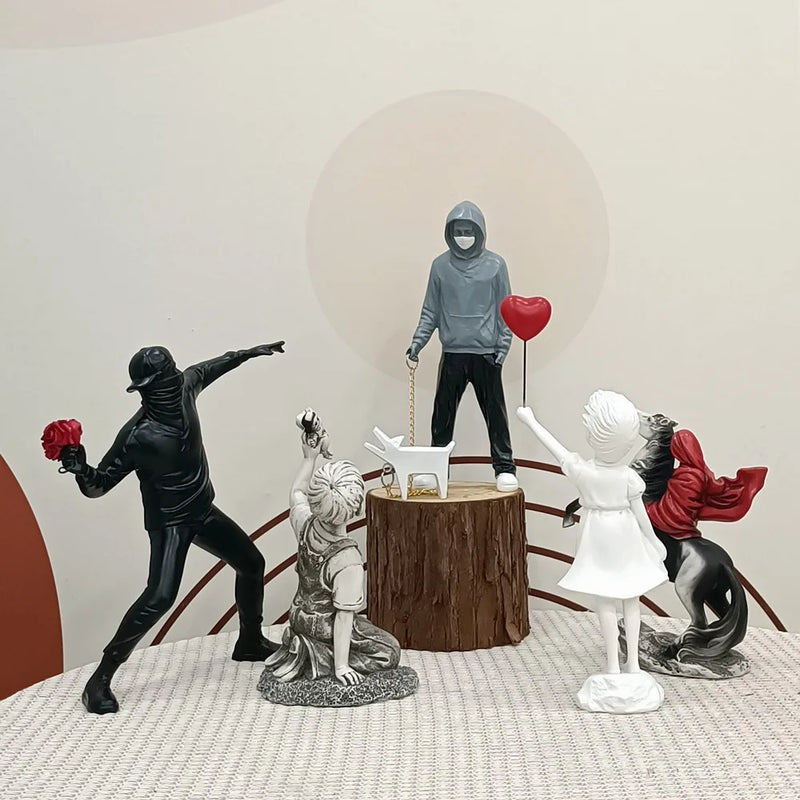 Afralia™ Banksy Sculpture Collection: Flower Thrower & Balloon Girl Figurines for Home & Office