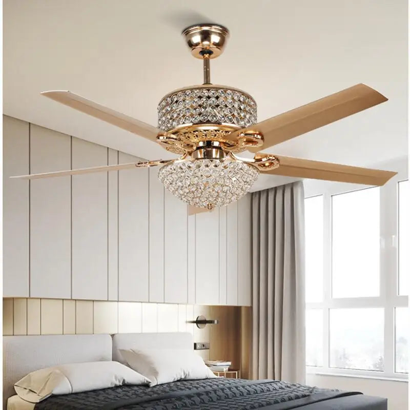 Afralia™ Retro European Style Living Room Fan Lamp, Luxury Gold Crystal LED Ceiling Fan