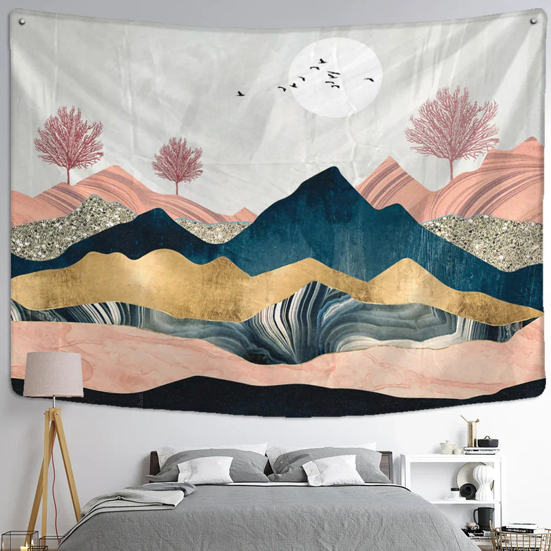 Afralia™ Geometric Peak Forest Tapestry Wall Hanging Boho Aesthetic Room Decor