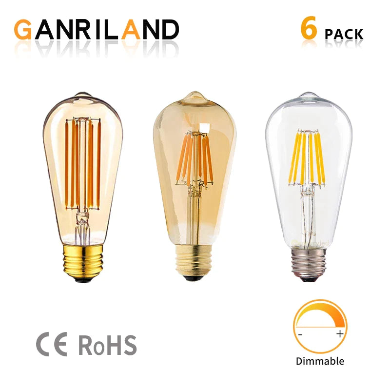 Afralia™ Vintage LED Filament Bulb ST64 6W Gold 2200K Dimmable Chandelier Night Lamp