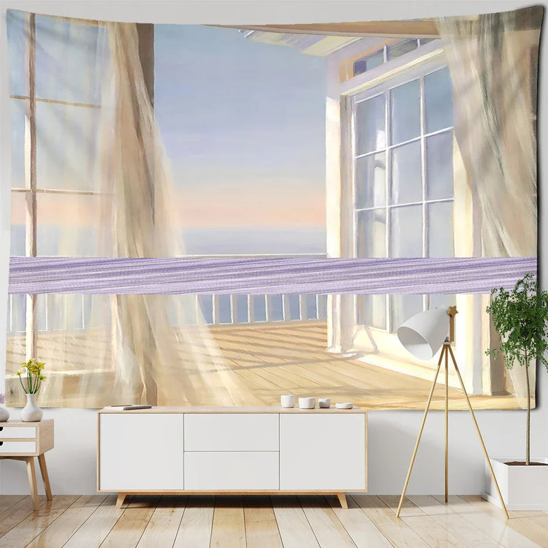 Afralia™ Seaside Landscape Painting Tapestry Wall Hanging for Bohemian Living Room