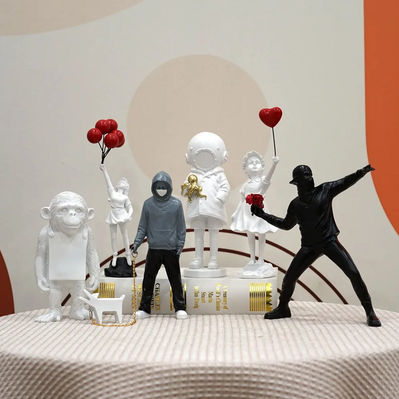 Afralia™ Banksy Sculpture Collection: Flower Thrower & Balloon Girl Figurines for Home & Office