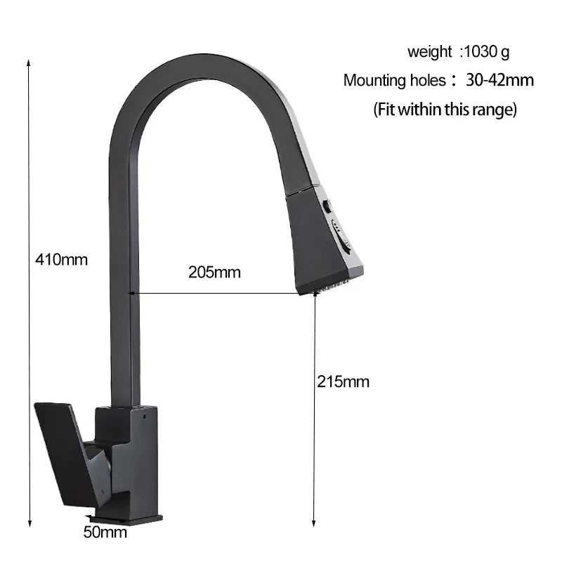 Afralia™ Black Kitchen Faucet Pull Out Mixer Square Single Handle Deck Mounted Tap