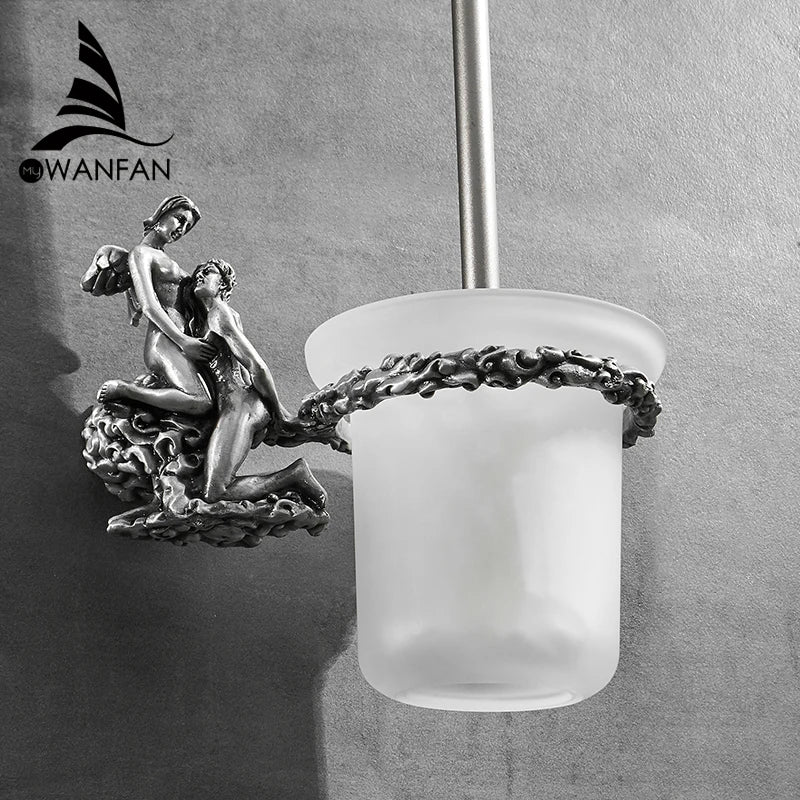 Afralia™ Gold/Silver Romantic Toilet Brush Holder Set with Glass Cup & Brass Handle