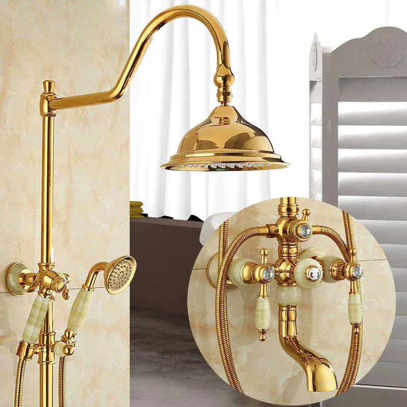 Afralia™ Gold Brass Jade Bath Shower Set Wall Mounted Rainfall Hand Shower Faucet