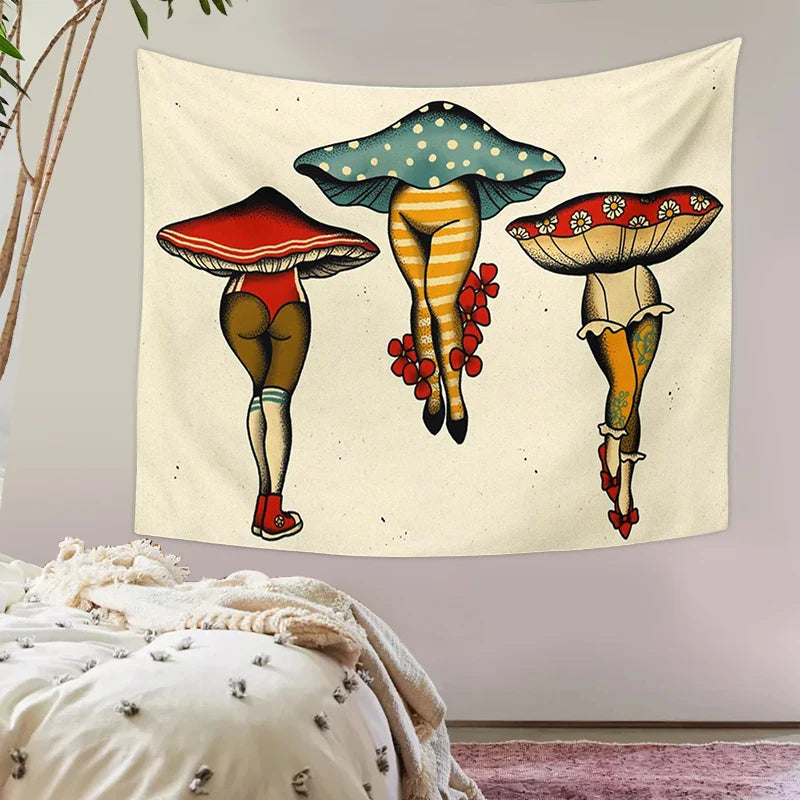 Afralia™ Mushroom Maiden Tapestry: Botanical Cactus Chart Wall Hanging for Bohemian Home Decor