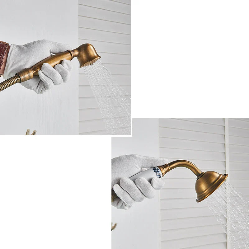 Afralia™ Antique Brass Freestanding Bathtub Filler with Hand Shower