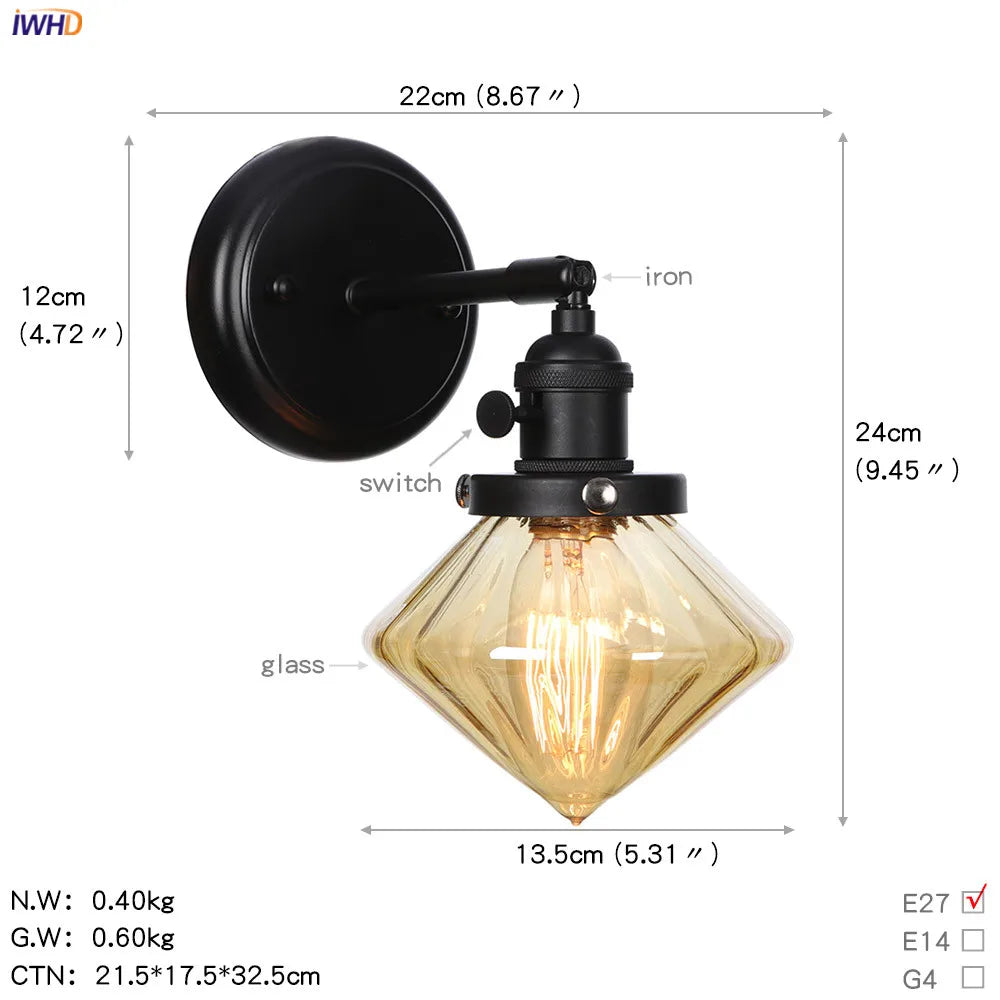 Afralia™ Loft Glass Ball Wall Light Switch Black Wall Sconces - Industrial Decor