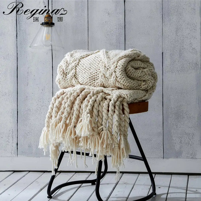 Afralia™ Beige Chunky Knit Tassel Blanket - Soft Plaid Weighted Throw for Home Decor and Sofa - Industrial Style Tapestry