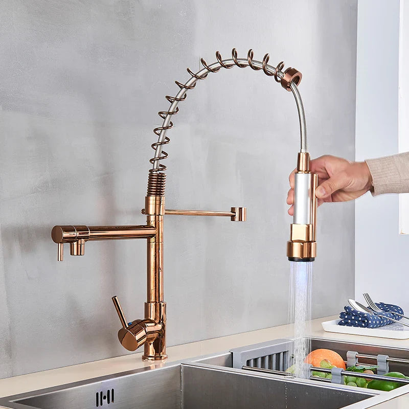 Afralia™ LED Light Rose Gold Kitchen Faucet with Pull Down Spring Swivel Spout