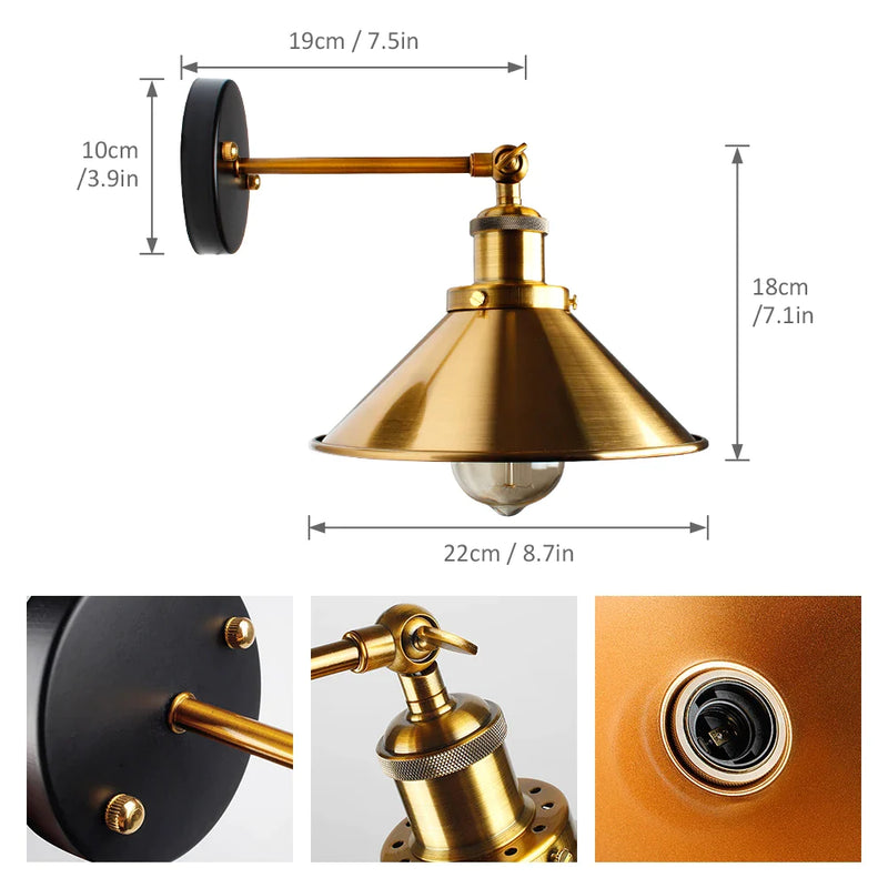 Afralia™ Vintage Loft LED Wall Lamp Iron Lampshade E27 Edison Bedroom Wall Light