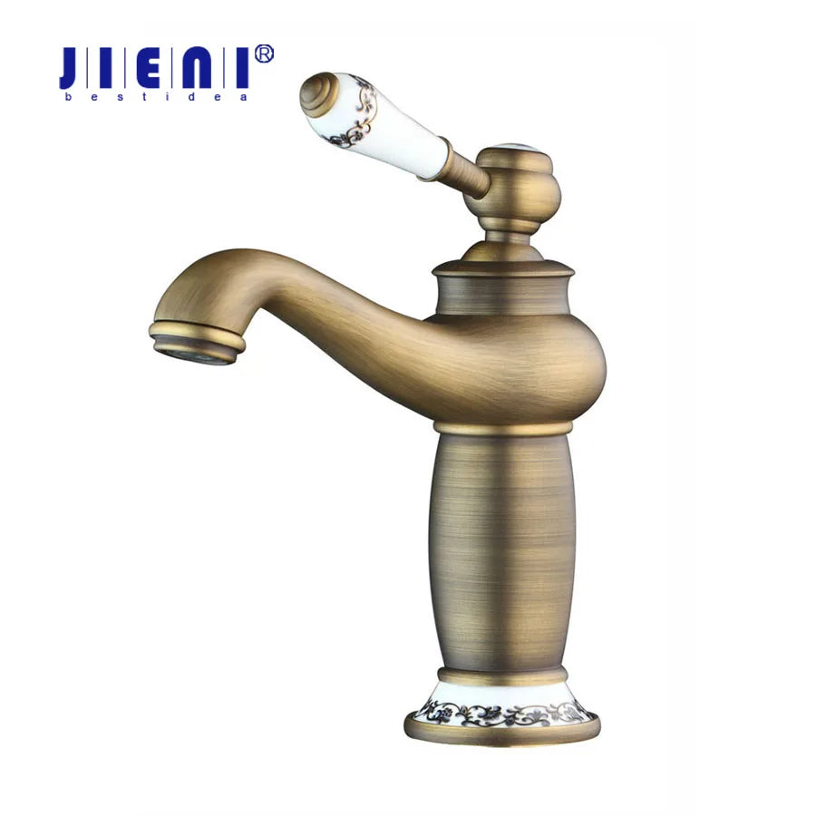 Afralia™ Antique Brass Bathroom Basin Faucet Deck Mounted Retro Mixer Vanity Taps