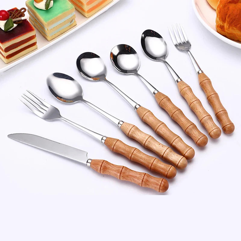 Afralia™ Stainless Steel Wood Handle Cutlery Set for Western Food Desserts