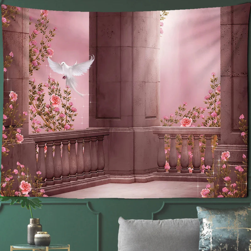 Afralia™ Court Woman Gothic Architecture Tapestry Wall Art with Rose Scenery & Pigeons