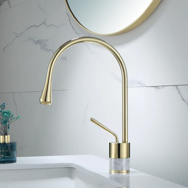 Afralia™ Brushed Gold Brass & Marble Bathroom Sink Faucet